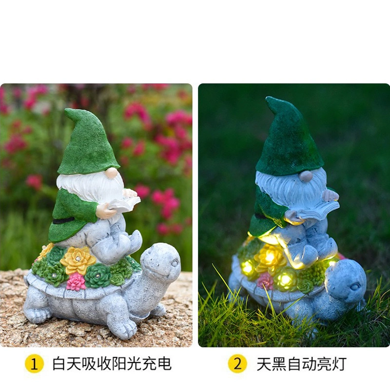 Jardín de resina Gnome Figurita lámpara solar sentada en la lectura de la tortuga Libro decoración porche