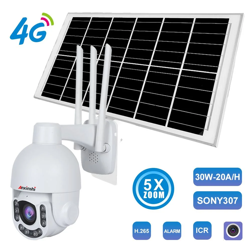 Sony307 5X Optical Zoom/4G/3G/2g Wireless Access 6kv Lightning Protection Strong Hardware IP66 Waterproof 30W-20A/H Solar Panel 4G Wireles HD Dome PTZ Camera