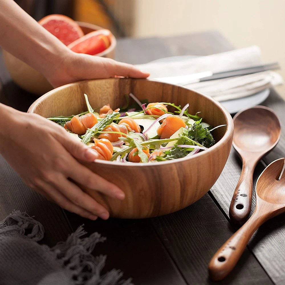 Acacia Wood Salad Bowl with Servers Set