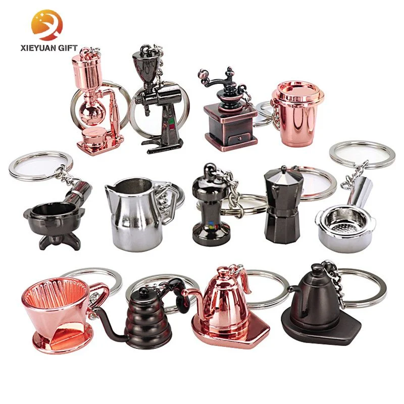 Großhandel Custom Logo 3D Blank Simulation Mini Kaffee Schlüsselkette Moka Topf Löffel Cup Utensil Charm Geschenk Legierung Metall Schlüsselanhänger