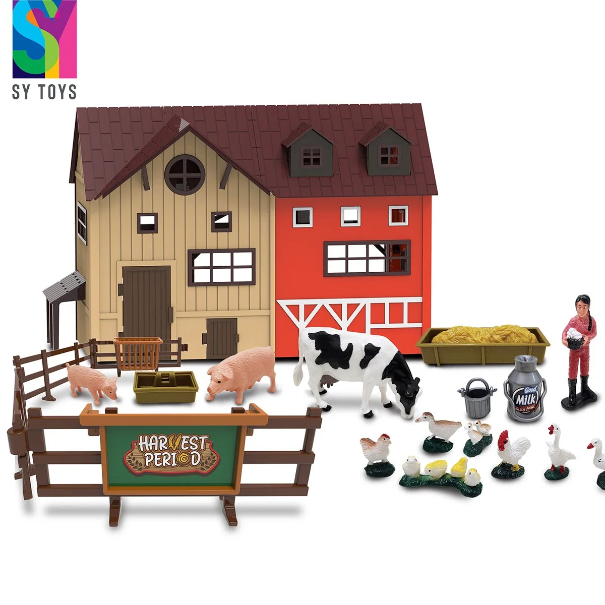 Sy Toys Pretend Play 101PCS DIY Plastic Small Animal Farm House Tractor Model Toys for Kids