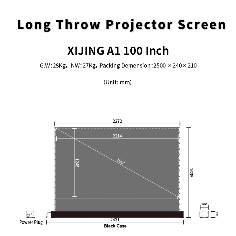 Xijing A1 100 Inch 16: 9 0.8 Gain Retractable 4K 8K 3D Ultra HD Motorized Alr Projector Screen for Home Theater Movie Office Game Projection Screen