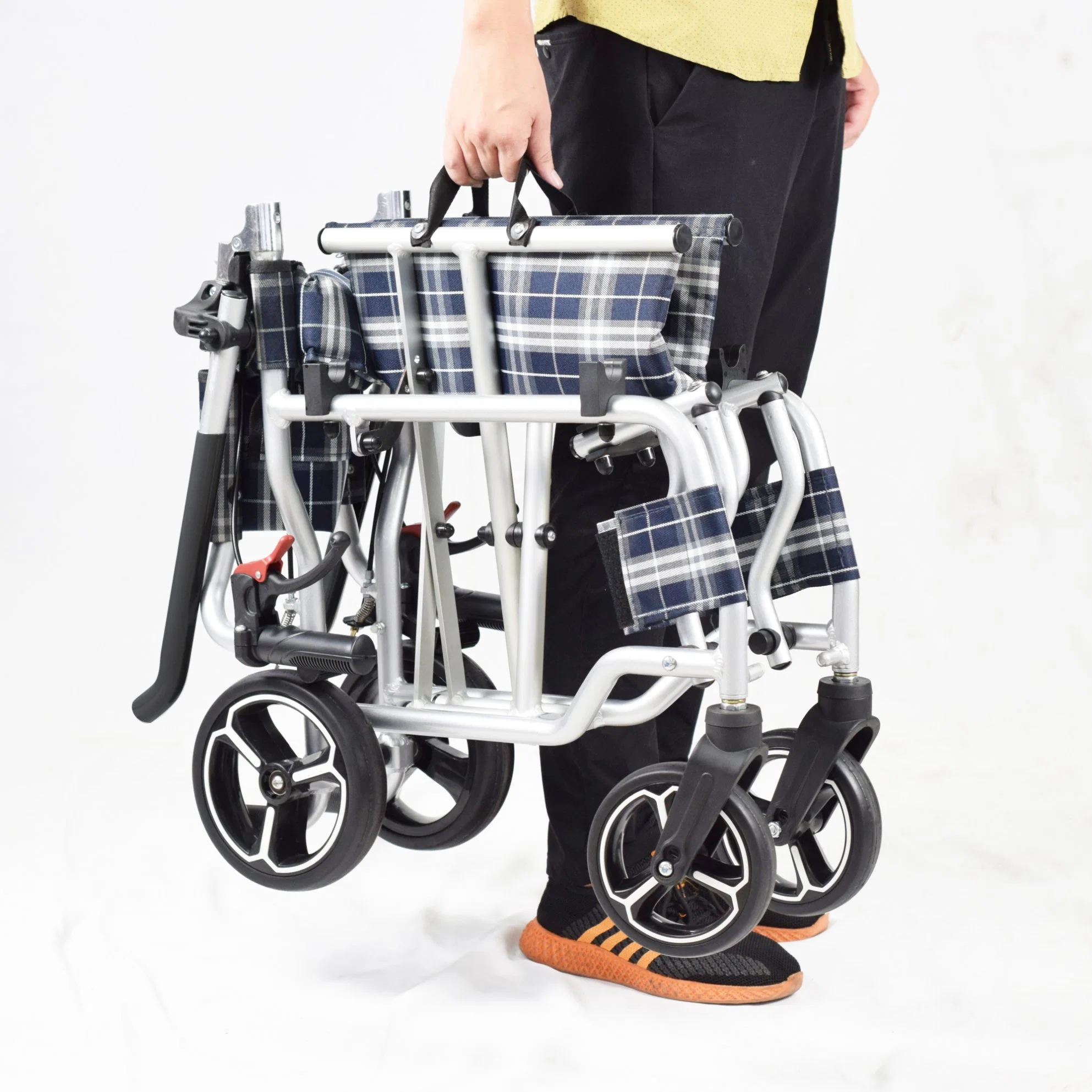 Folding Transport Ultralight Portable Travel Wheelchair with Handbrake Aluminum Alloy Lightweight Trolleys for Elderly and Children