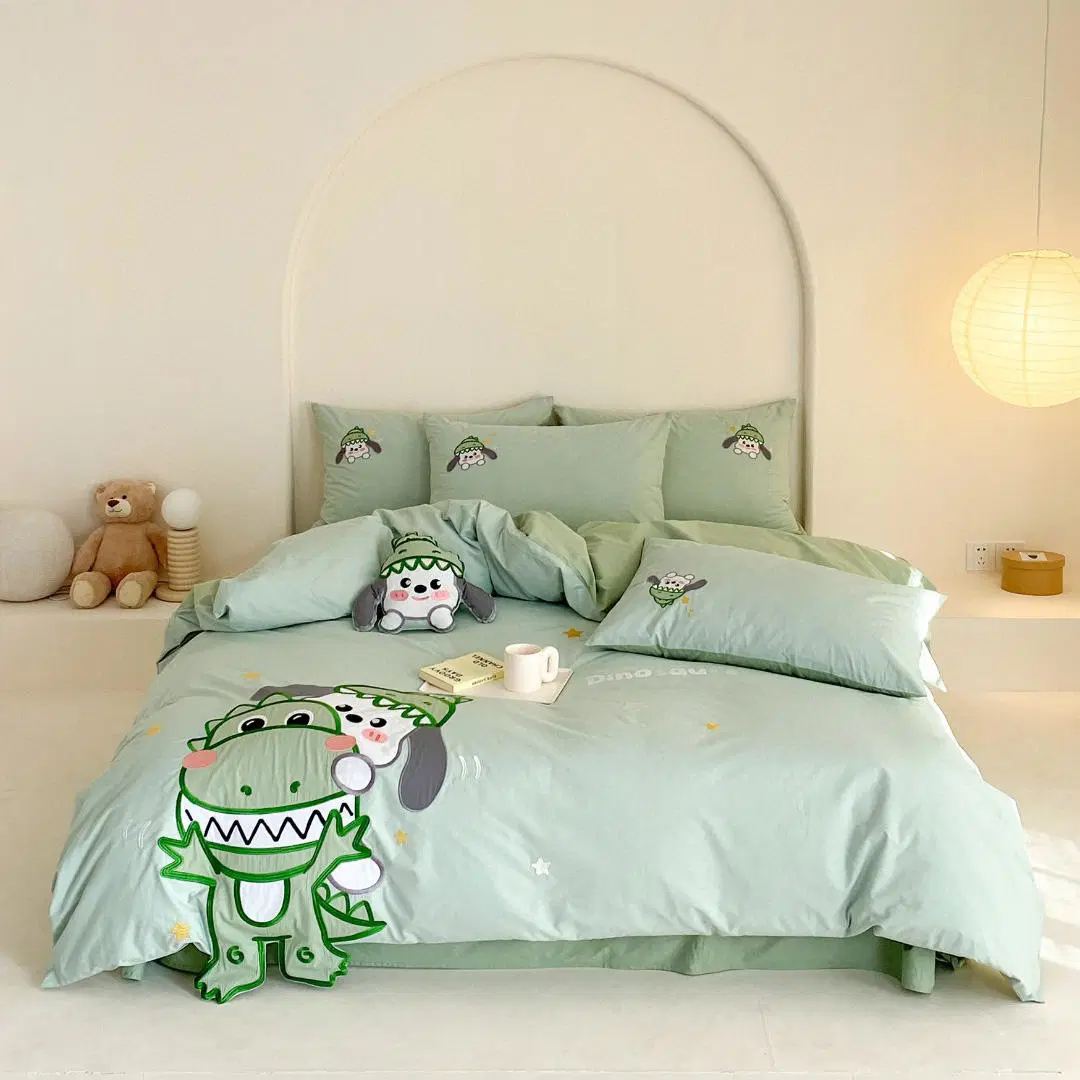 Light Green Cartoon Embroidery Duvet Cover 100% Washed Cotton King Size ODM Bed Sheet Premium Kids' Home Textile 4PCS Bedding Set Supplier