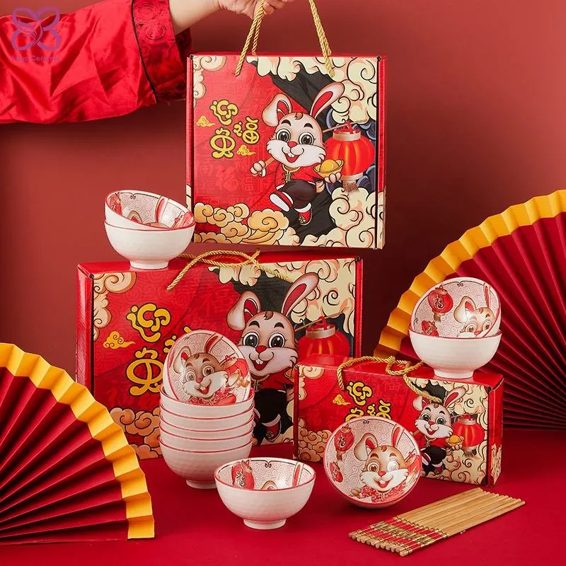 Rabbit Year Ceramic Bowl Gift Set 4.5inch Rabbit Bowls with Chopsticks for Chinese New Year OEM Logo