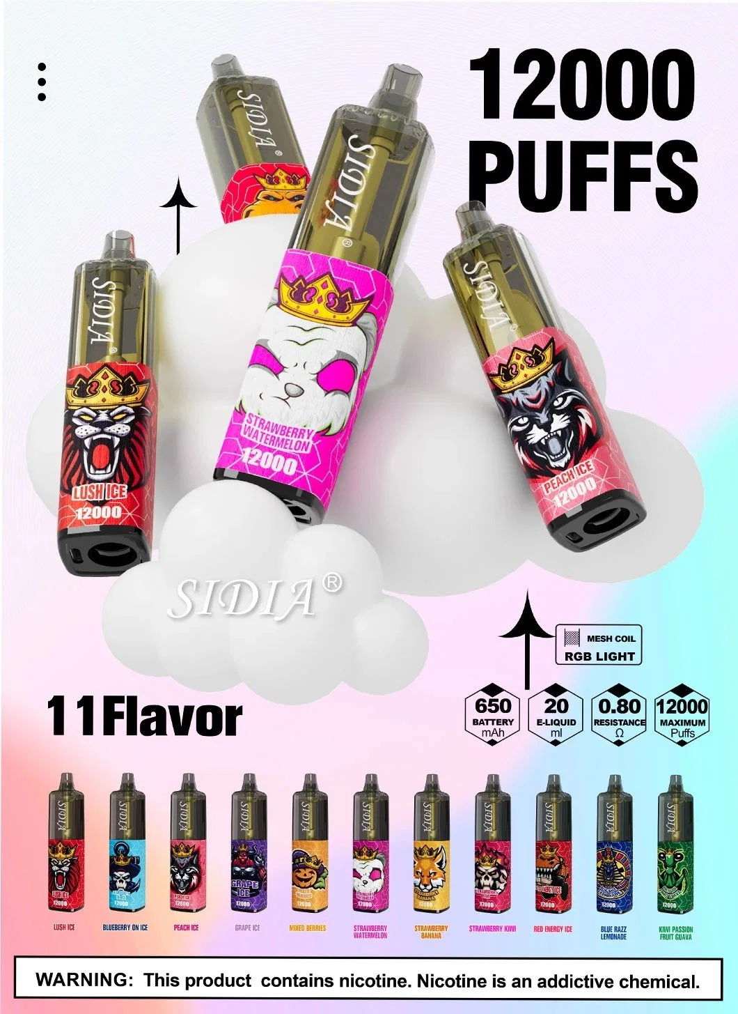 Vente en gros E cigarette Sidia 12000puff Vape jetable