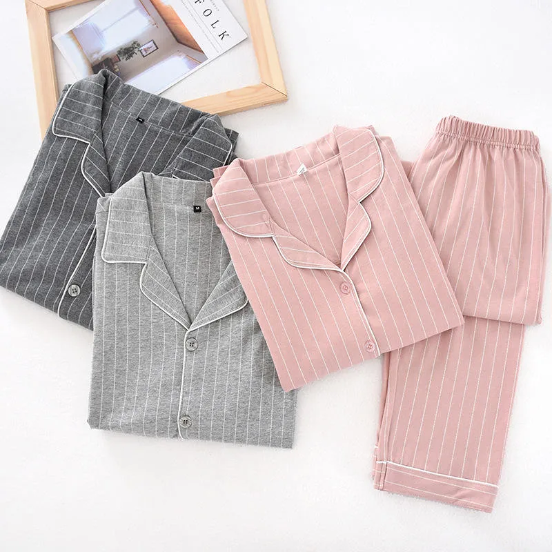 100% Cotton Women Pajamas Sets Turn-Down Neck Shirt+Pants Comfort Long Sleeve Stripe Pajamas Female Autumn Home Wear