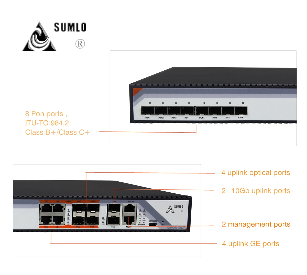 Gpon Olt Pon 8 puertos, 4 interfaces SFP, 4 puertos 10/100/1000m, 2 puertos Ethernet Gigabit de enlace ascendente de 10 Sep+ puertos, fuente de alimentación DC/AC