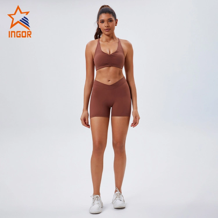 Ingor Sportswear Workout Wholesale/Supplier Clothing Eco Friendly V-Neck Slim Strap Yoga Bra & V-Waist Peach Hip Lifting Biker Shorts Sets, Activewear Fitness Gym Wear