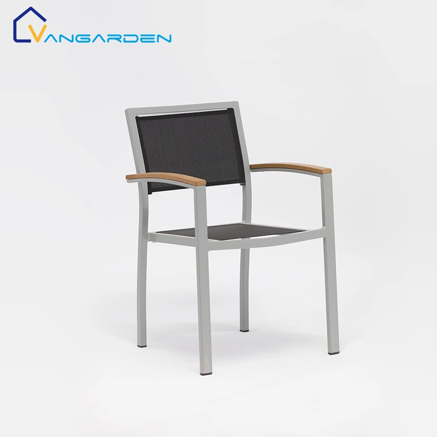 Moda Metal malla sillas de jardín muebles de exterior con apoyabrazos de madera