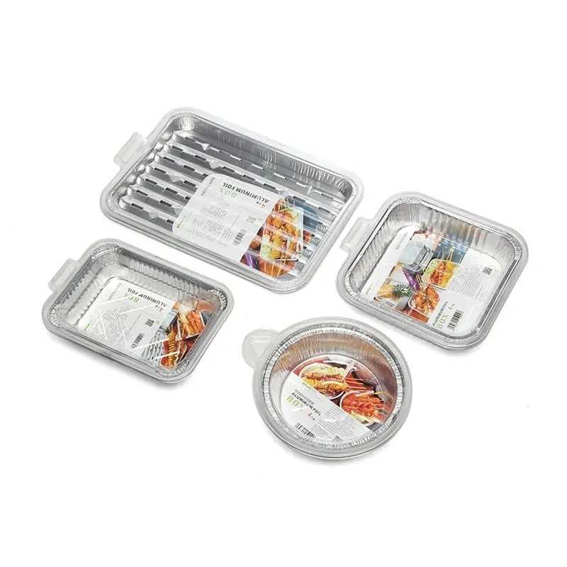 8PCS/Set Aluminum Foil Container Custom Baking Rectangle Loaf Shape Pan Aluminum Foil Bowl Tray with Plastic Lid for Food Packaging