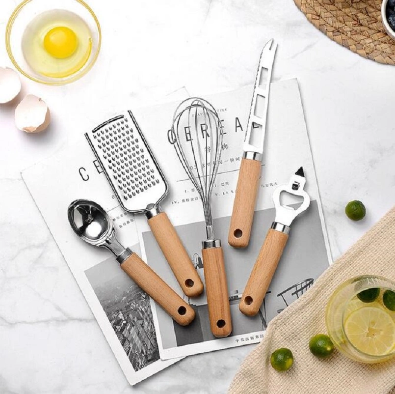 9pcs mango de madera la cocción de los utensilios de cocina de acero inoxidable Premium Juego Gadget