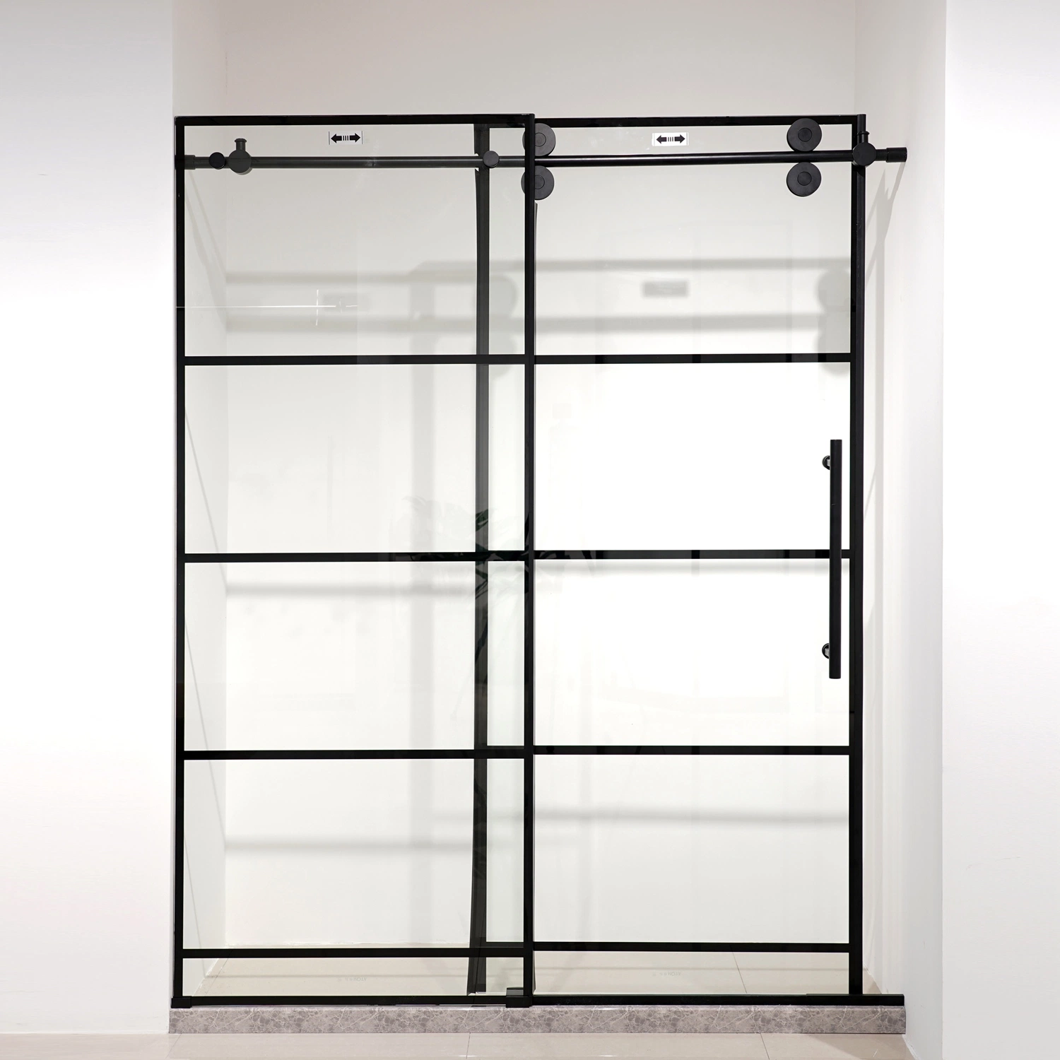 Matte Black Grid Adjustable Framed Sliding 1 Fixed 1 Moving Panels Shower