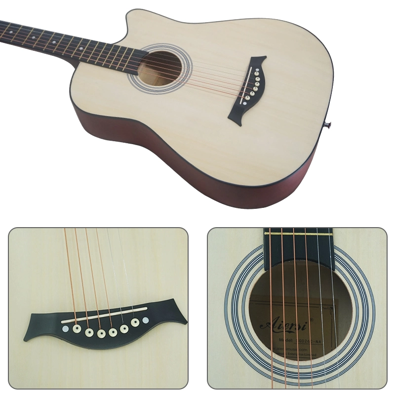 OEM personalizado ODM Aiersi Marca Lindenwood Cutway 38 pulgadas pequeño Guitarra acústica Folk Steel String