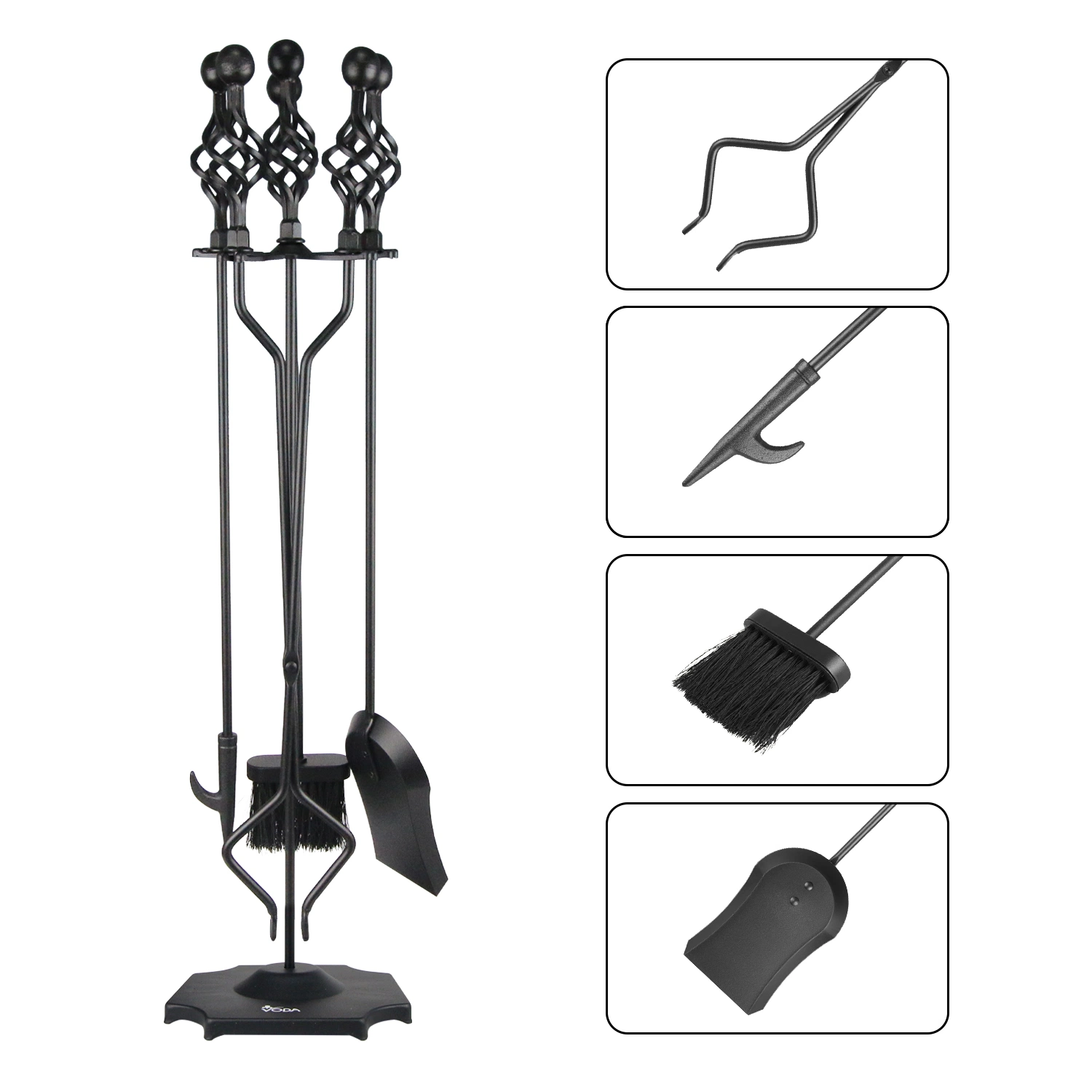 New 5 Pieces Fireplace Tool Set Black Cast Iron Fire Place Tool Set with Log Holder Fire Pit Stand Rustic Tongs Shovel Antique Broom Chimney Poker Wood Stove