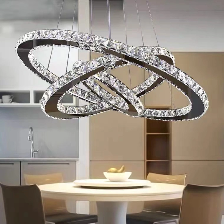 Zhongshan Home Lighting Classic Modern Design 3 Circle Stainless Steel K9 Crystal LED Chandelier Pendant Light Factory