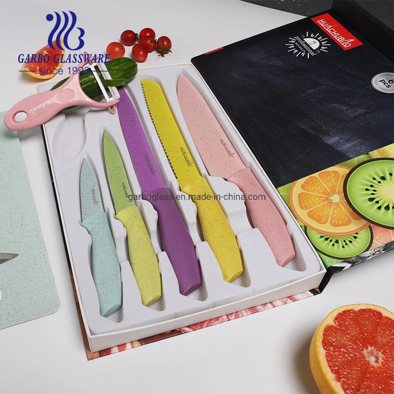 Stainless Steel Chef Knife Set with Wheat Straw Plastic Handle Servicing Butter Knives Kitchenware with Gift Box Pack