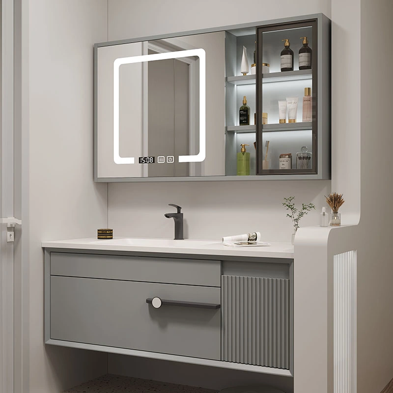 European&USA Style Design Bathroom Furniture Metal Handle LED Mirror Bathroom Cabinet with Rock Plate Sink From OEM Factory