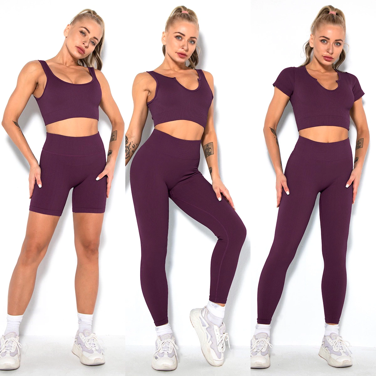 Amazon/Wish/Ebay Hot Sexy 5 Pieces Set Seamless Matching Sweatsuits Yoga Apparel for Women, Ribbed Workout Sports Top + High Waisted Gym Shorts Running Leggings