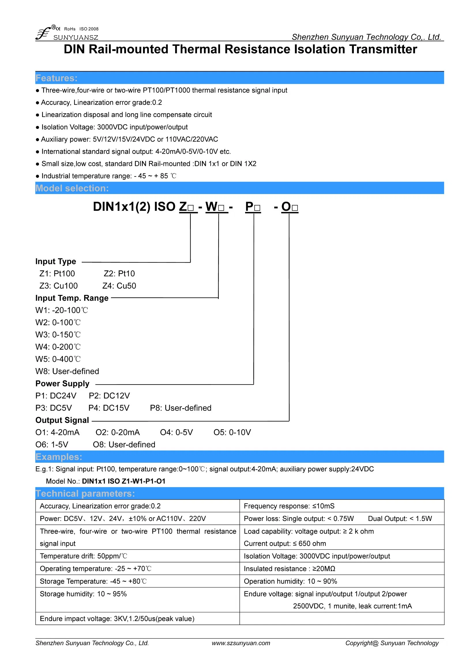 Rail-Mounted Rtd PT100/PT10/Cu100/Cu50 to Current/Voltage Isolation Transmitter