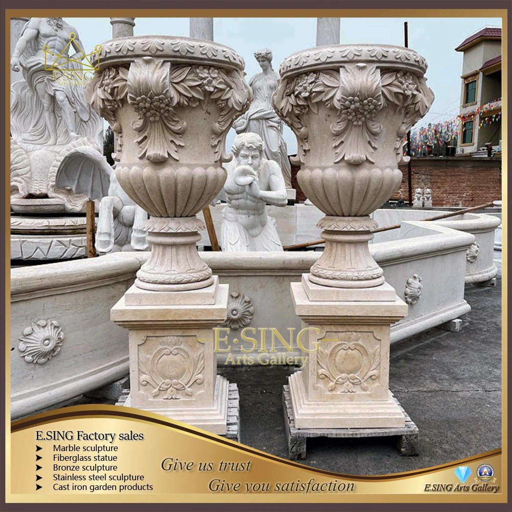 Garden Stone Furniture Flower Vase White Marble Planter Stone Carving Pots Marble Vase for Sale