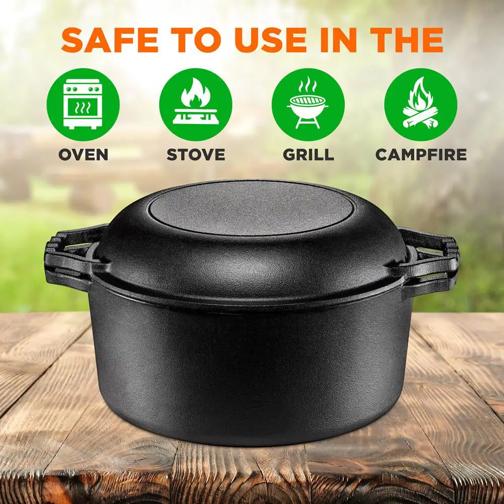 2 in 1 Multiple Use Cast Iron Cooker Pre-Seasoned Cast Iron Double Use Dutch Oven Set