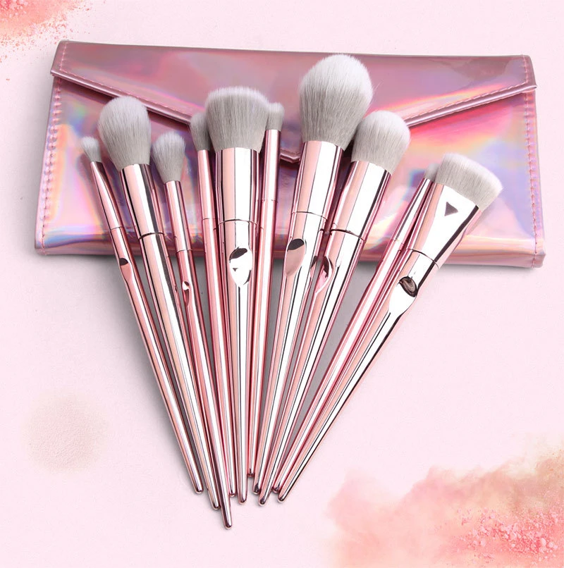 10PCS Electroplate Pink Makeup Brushes Private Label Premium Synthetic Hair Cosmetic Brush Set