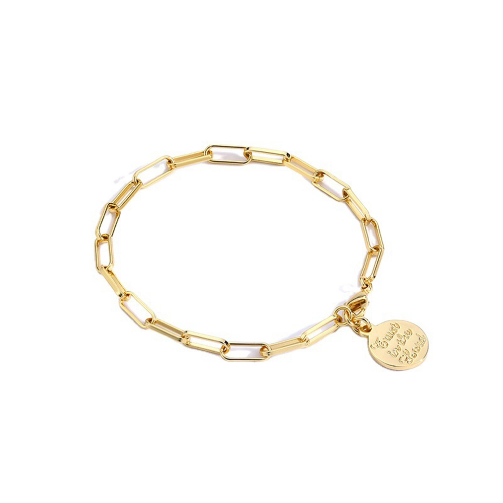 Latón chapado en oro de minimalismo moda ronda grabado carta que deseen el encanto de la moneda de bronce de la cadena enlace colgante pulsera para mujer