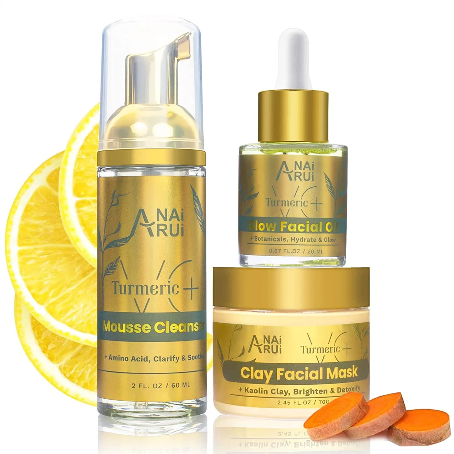 Turmeric Skincare Set Clay Mask, Facial Cleanser, Facial Oil for Acne