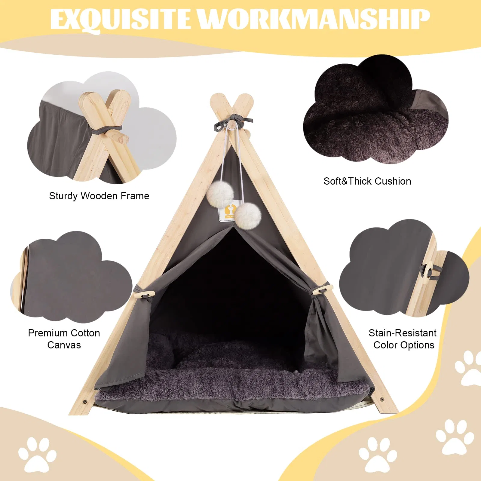 Pet Teepee Tent with Mat for Large Dogs Cats Portable House