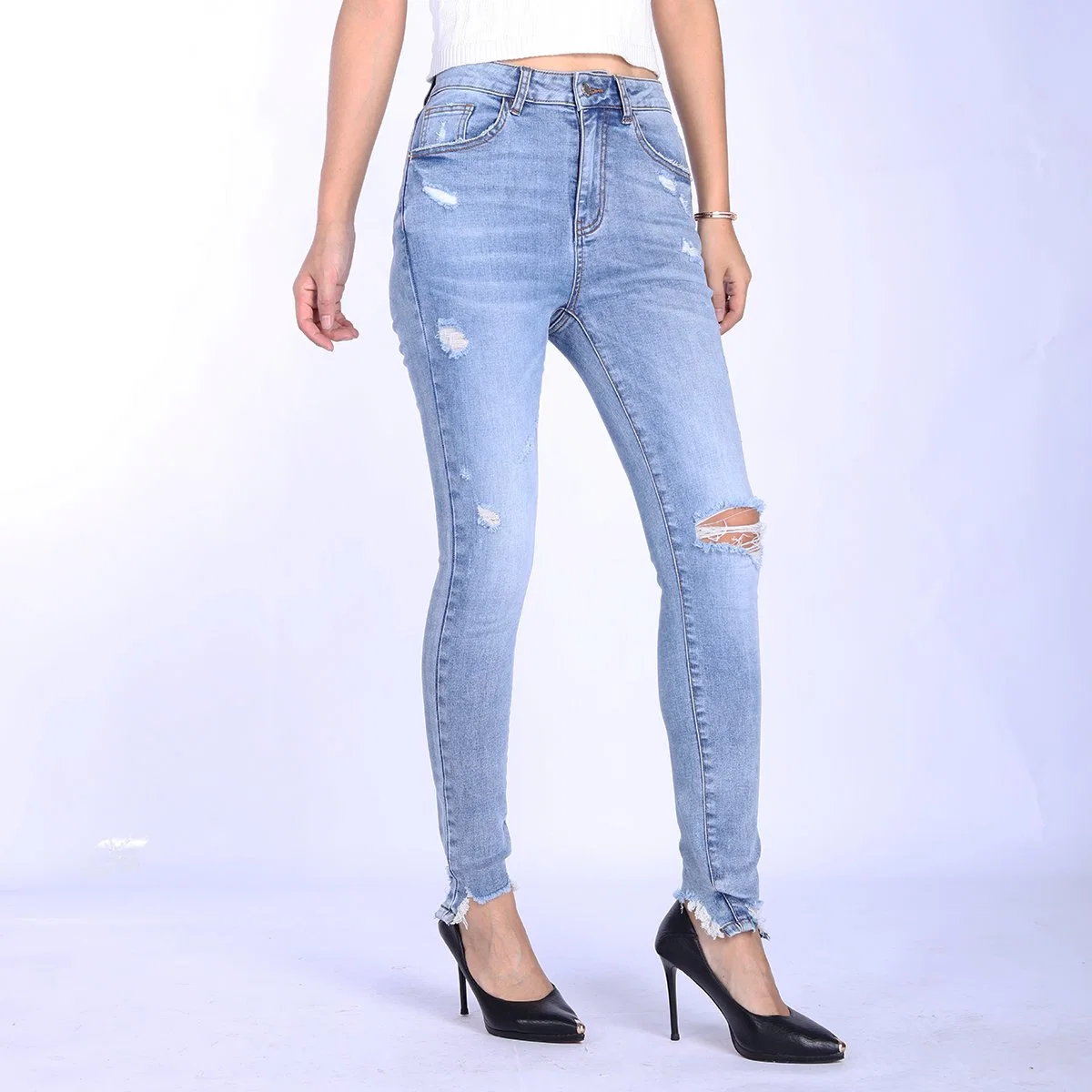 Custom Light Blue Washed Split Ripped Design Slim Fit Jeans for Women