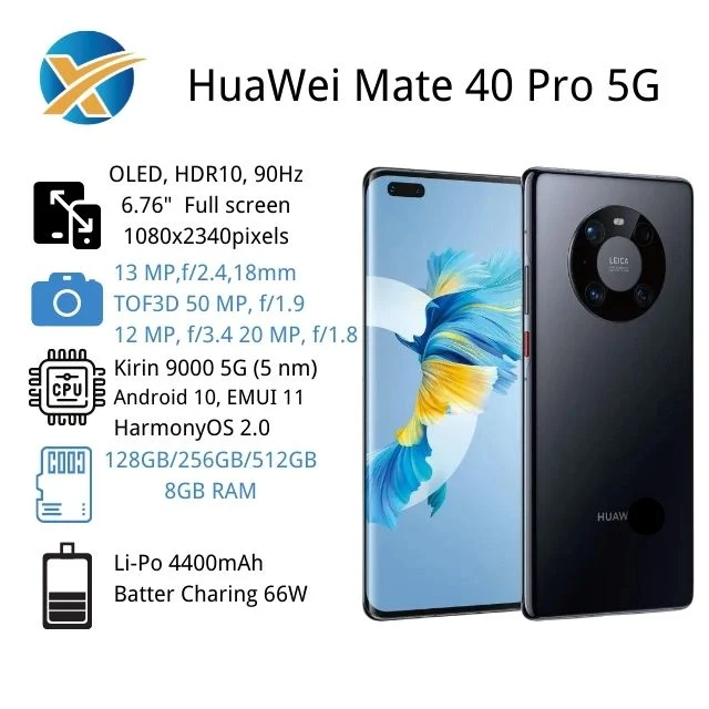 Used 100% Original Smart Phone 6.76inches for Hua-Wei Mate 40 PRO 5g LTE Nop-An00 50MP Camera 8GB 256GB Kirin 9000 Mobile Phone