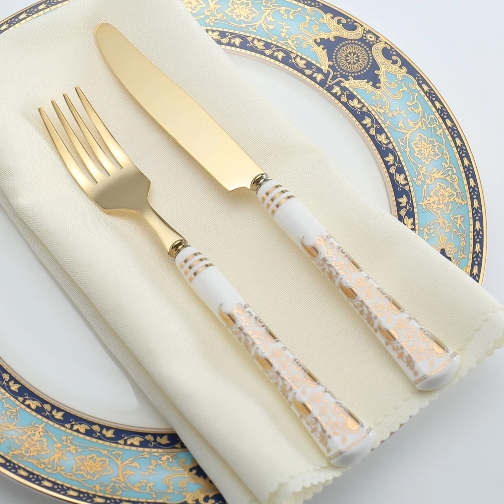 Round Porcelain Handle Flatware Set, Personalized Cutlery Set