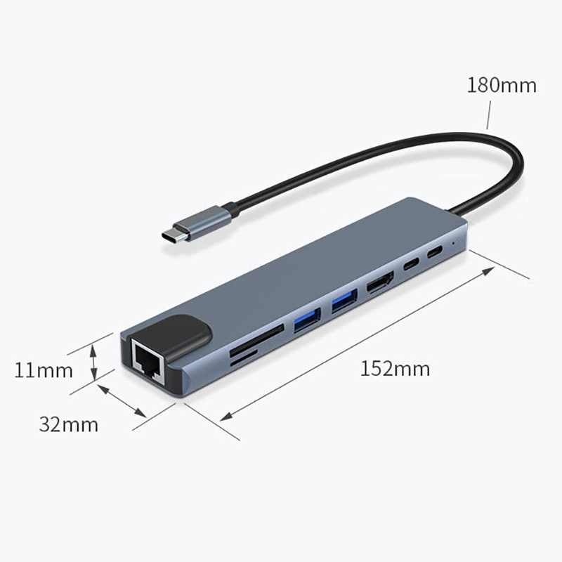 OEM 8 in 1 Type C Hub Aluminum Alloy Shell USB Hub 3.0 Charging Station Dock USB C Hub 4K 30Hz+USB3.0+USB2.0+Pd