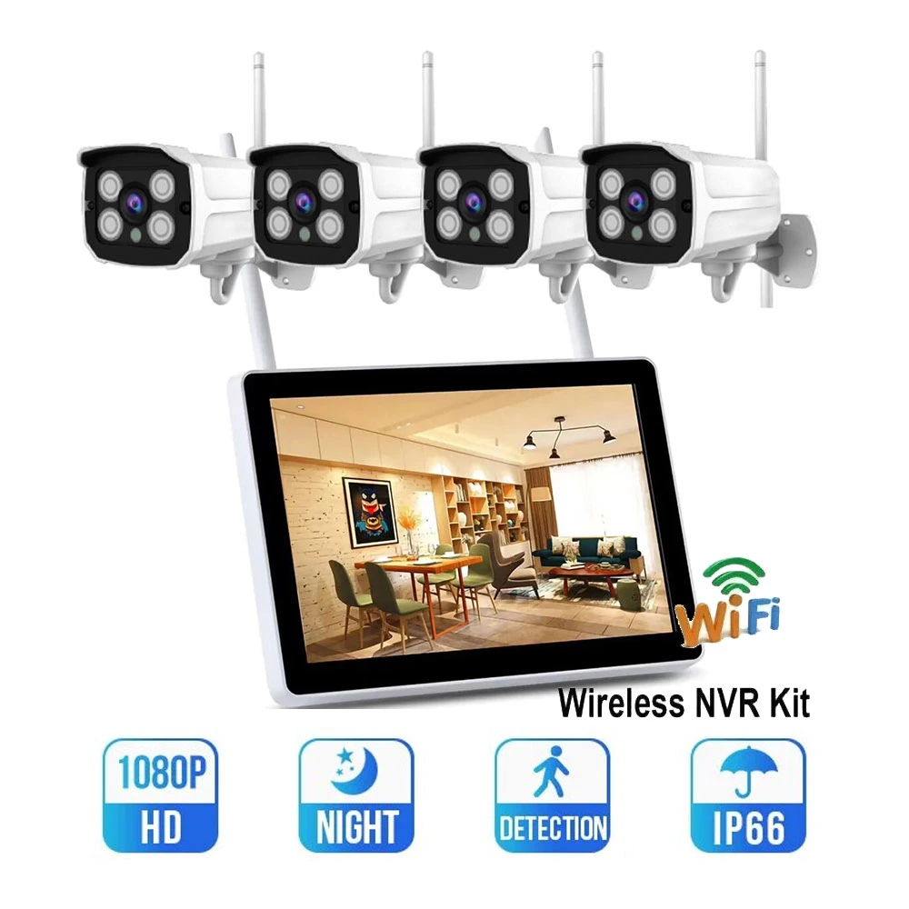 HD 4CH/8CH Wireless CCTV Security System with 4 WiFi IP Cameras, NVR Kit with LCD Screen Monitor