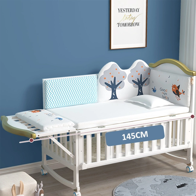 European Style New Zealand Pine White Baby Crib Splicing Bed