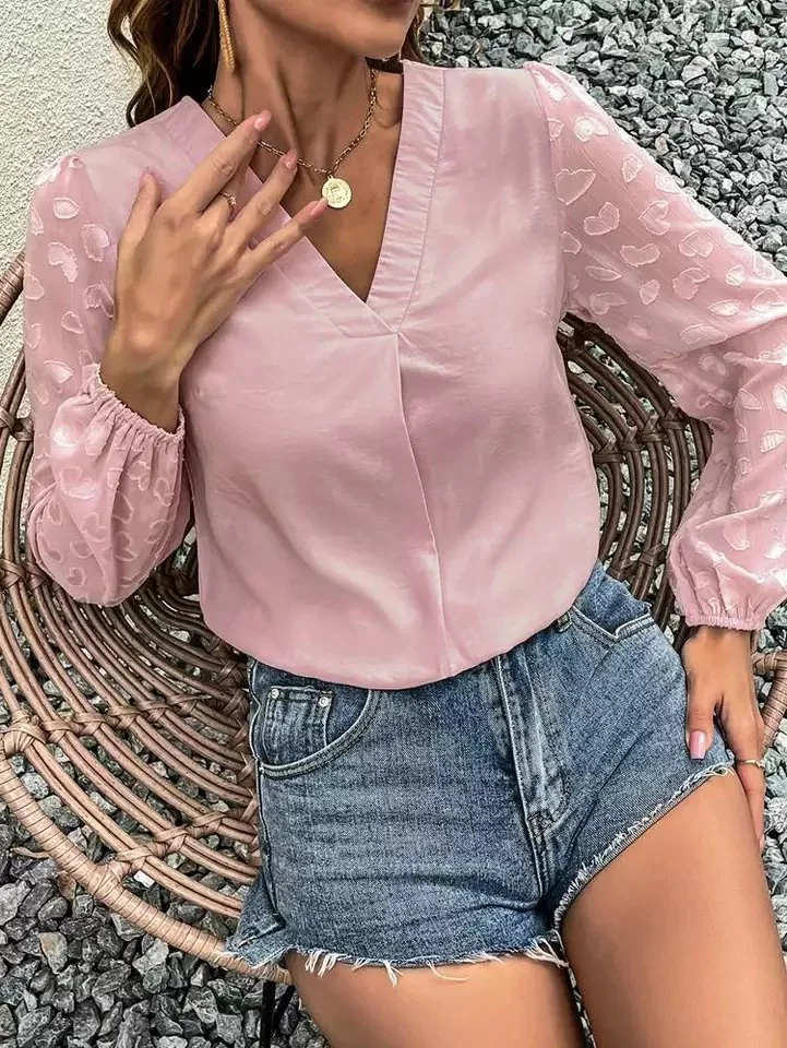 Women Custom Spring Autumn Office Ladies Elegant V-Neck Stitching Long-Sleeved Casual Pink Chiffon Shirt Blouse