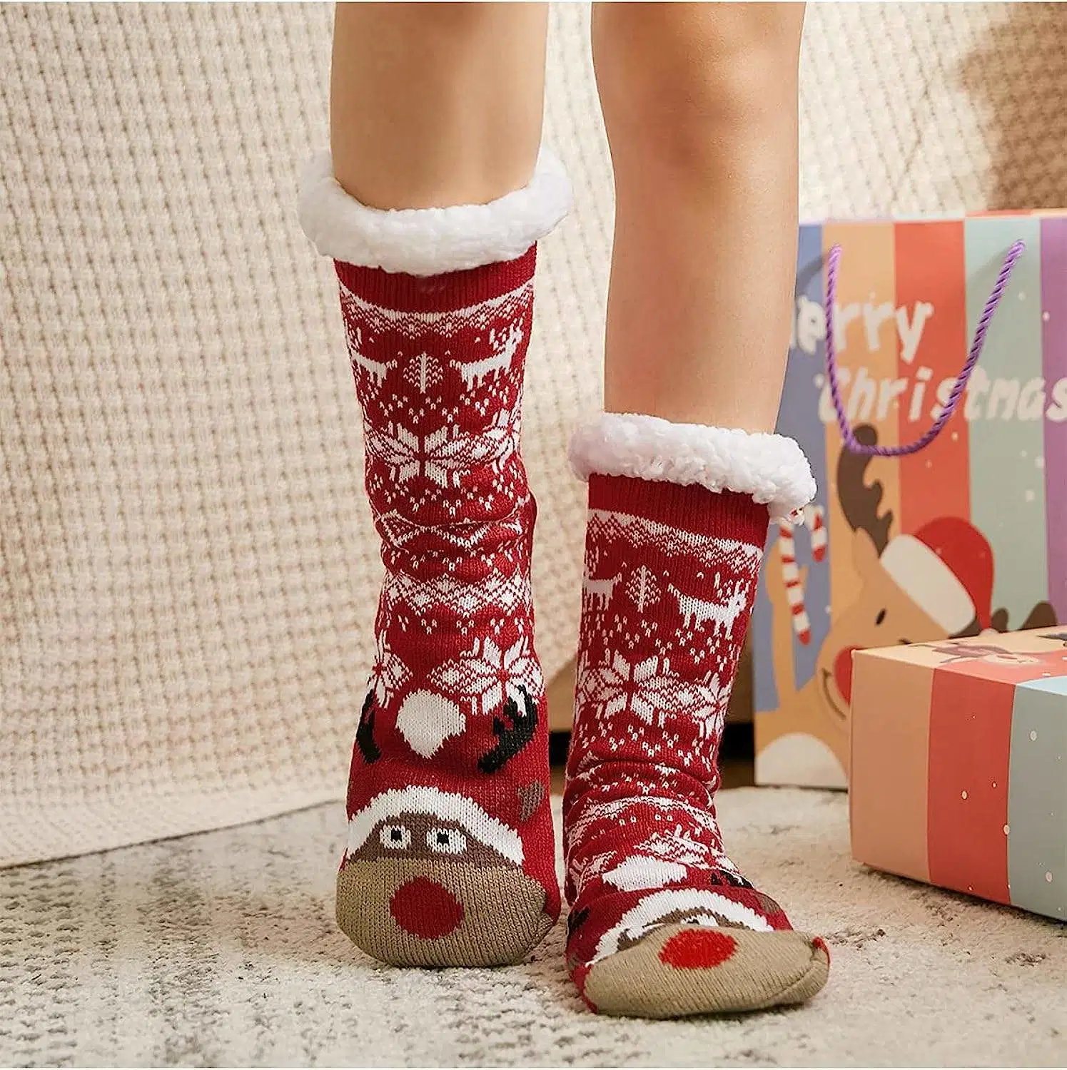 Xianghui Women Fluffy Christmas Unisex Novelty Hosiery Snow Winter Socks for Men