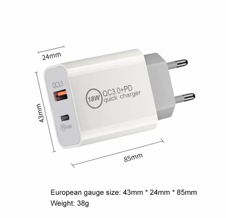CE RoHS 18W Charger 3A Dual USB Pd QC3.0 Port EU Us Plug Travel Wall Power Adapter Fast Charging Adapter