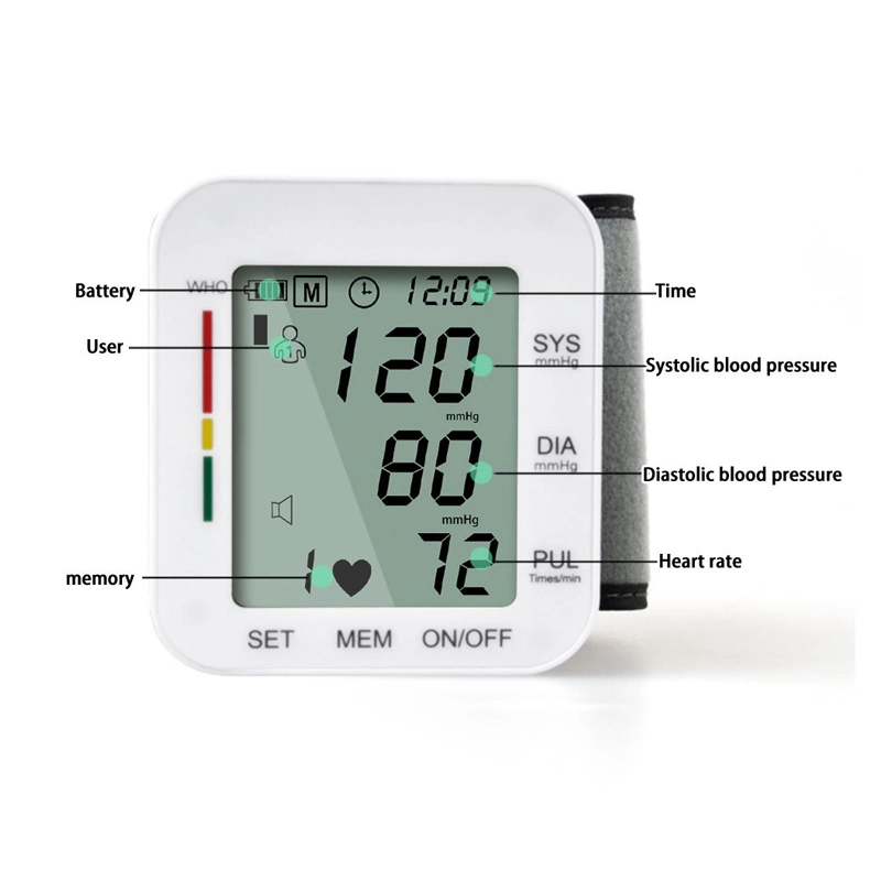 OEM Medical Home Care Sfigmomanómetro automático muñeca presión arterial electrónica Monitor con pantalla digital LCD y difusión de voz