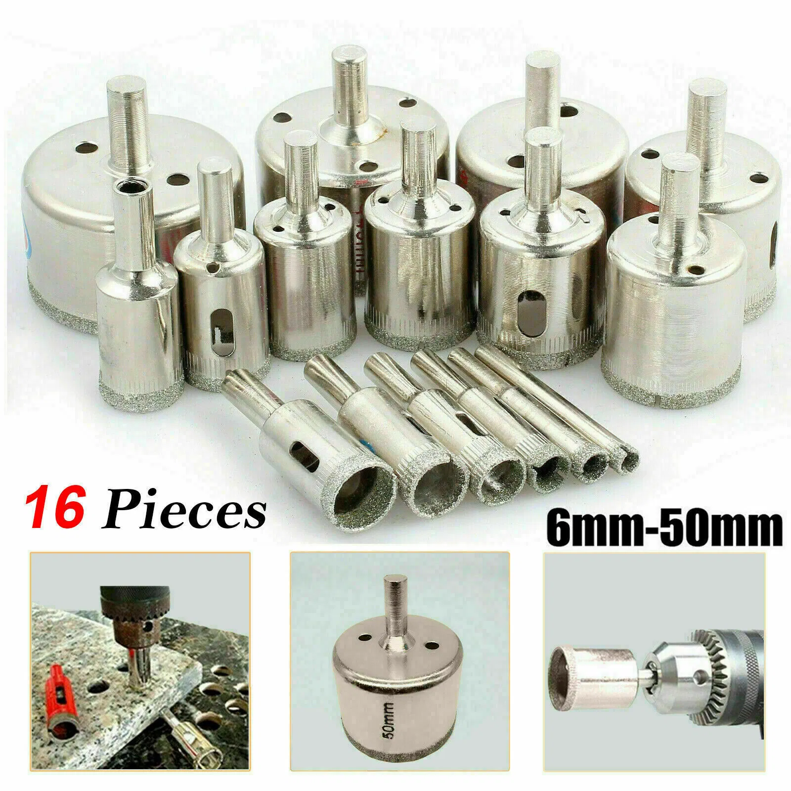 New 16X Diamond Hole Saw Set Holes Saw Drill Bit Cutter Tile Glass Marble Ceramic