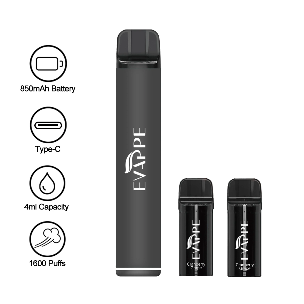 Replaceable Cartridge Rechargeable Electronic Cigarette Pre-Filled Ejuice Changeable Pod Vape Pen Puff Evappe 1600 Vaper Kit