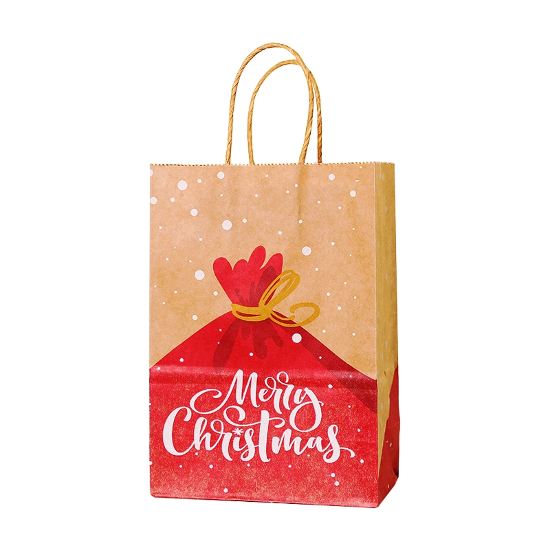 precio de fábrica las decoraciones de Navidad reciclables Kraft marrón bolsa de papel con asa de papel Bolsas promocionales