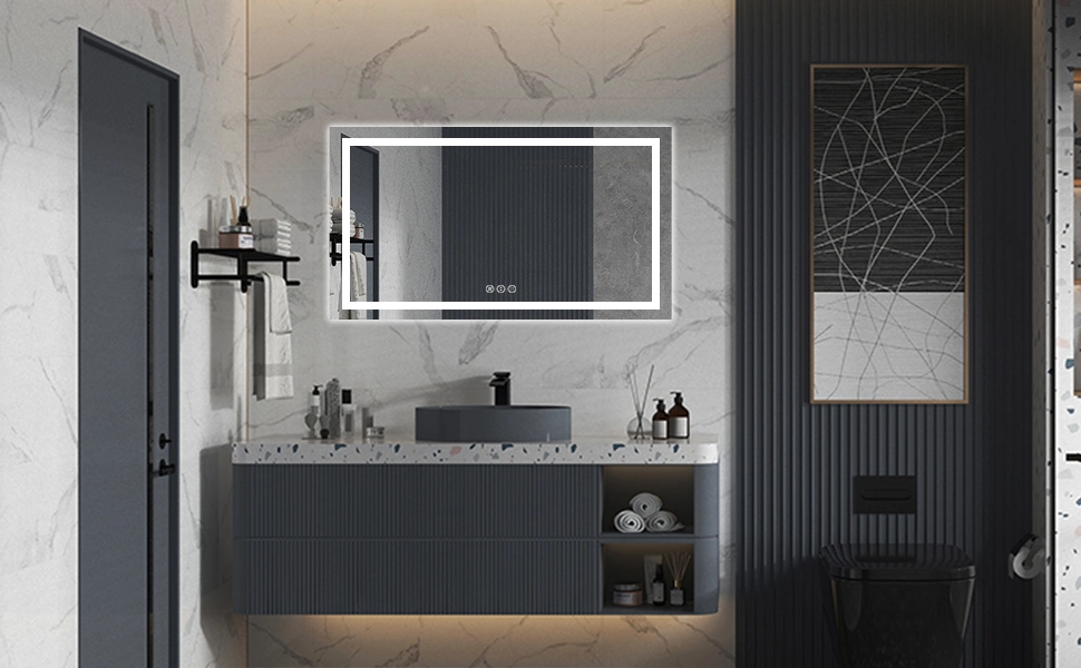 Décoration d'intérieur Miroir LED rectangulaire mural pour salle de bains avec fonction Bluetooth, tactile, à intensité variable et anti-buée.