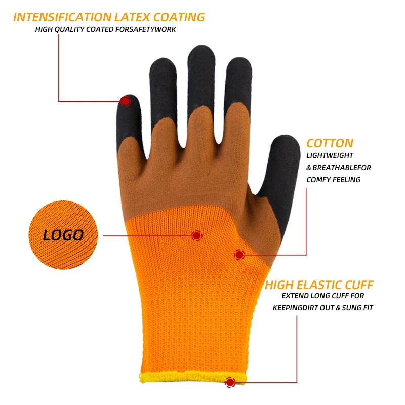 Doublure en polyester latex à demi-revêtement anti-froid pour boucle thermique avec Gants d'hiver de sécurité pour les mains de travail recouverts de latex