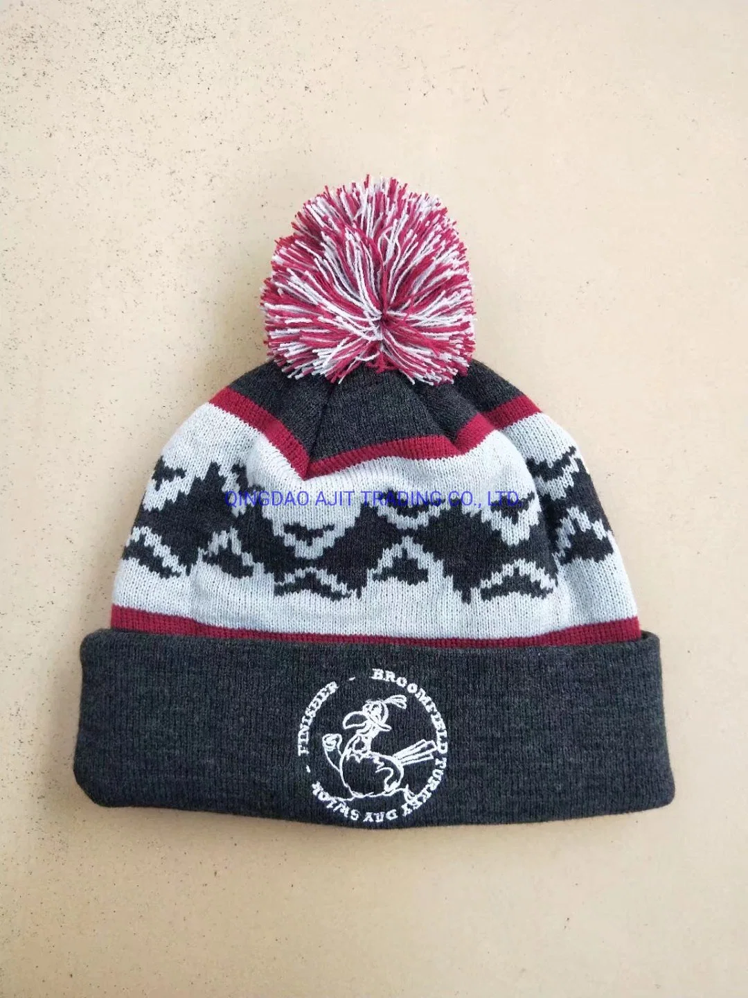 Custom Knitted Embroidery Beanie Promotional Winter Hat with Hair Ball