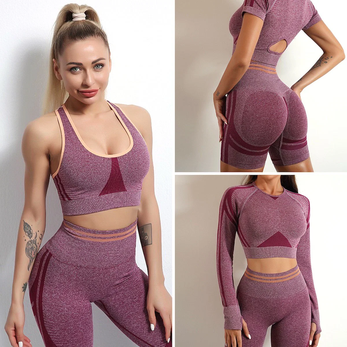 Großhandel/Lieferant Damen 5pcs heiße Mode Ropa De Yoga Wear Workout Kleidung für Frauen, Custom Nahtloses BH + Crop Top + Scrunch Gym Shorts + Leggings Fitness-Bekleidung