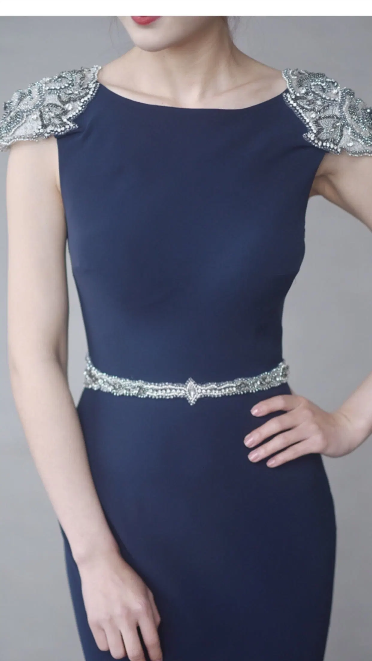 Navy Blue Prom Party Gown Crystals Beading Backless Evening Dress Yao73