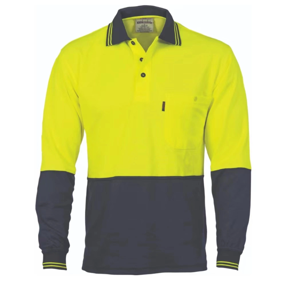Mens Hi Vis Long Sleeve Crewneck Safety Work Wear Front Button Knitted Neck Polo Shirts