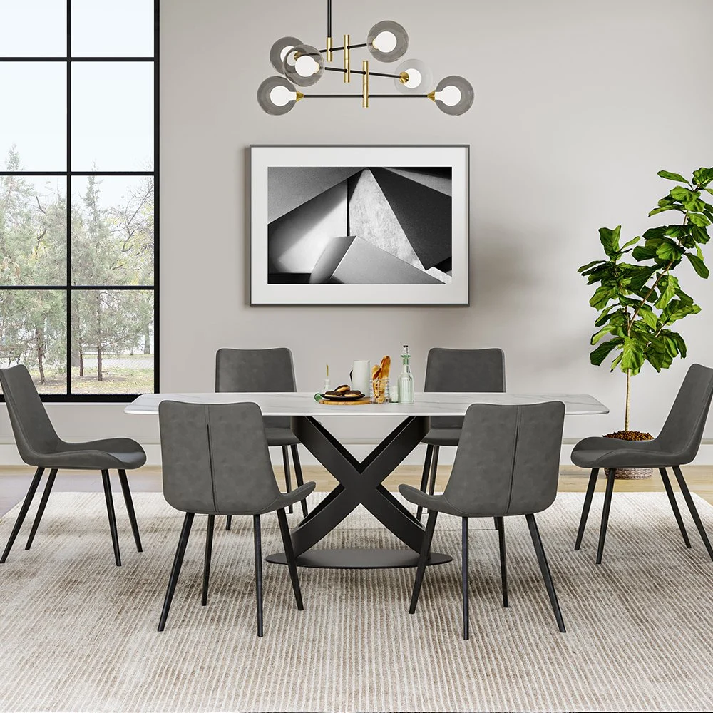 Povison Modern White Dining Table Sintered Stone Tabletop Kitchen Table Solid Black Carbon Steel Base 71"